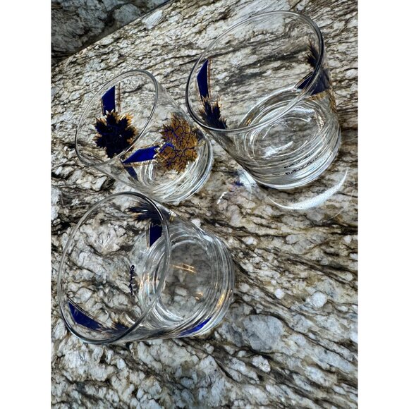 Vintage lot Of 3 MCM 22k Fred Press Signed Blue 22K Gold Rocks Glass 3.5 Leaf - Picture 3 of 9